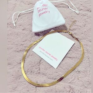 $195 Jennifer Zuener 
etched 14Kt gold vermilion herringbone 17” +2ext